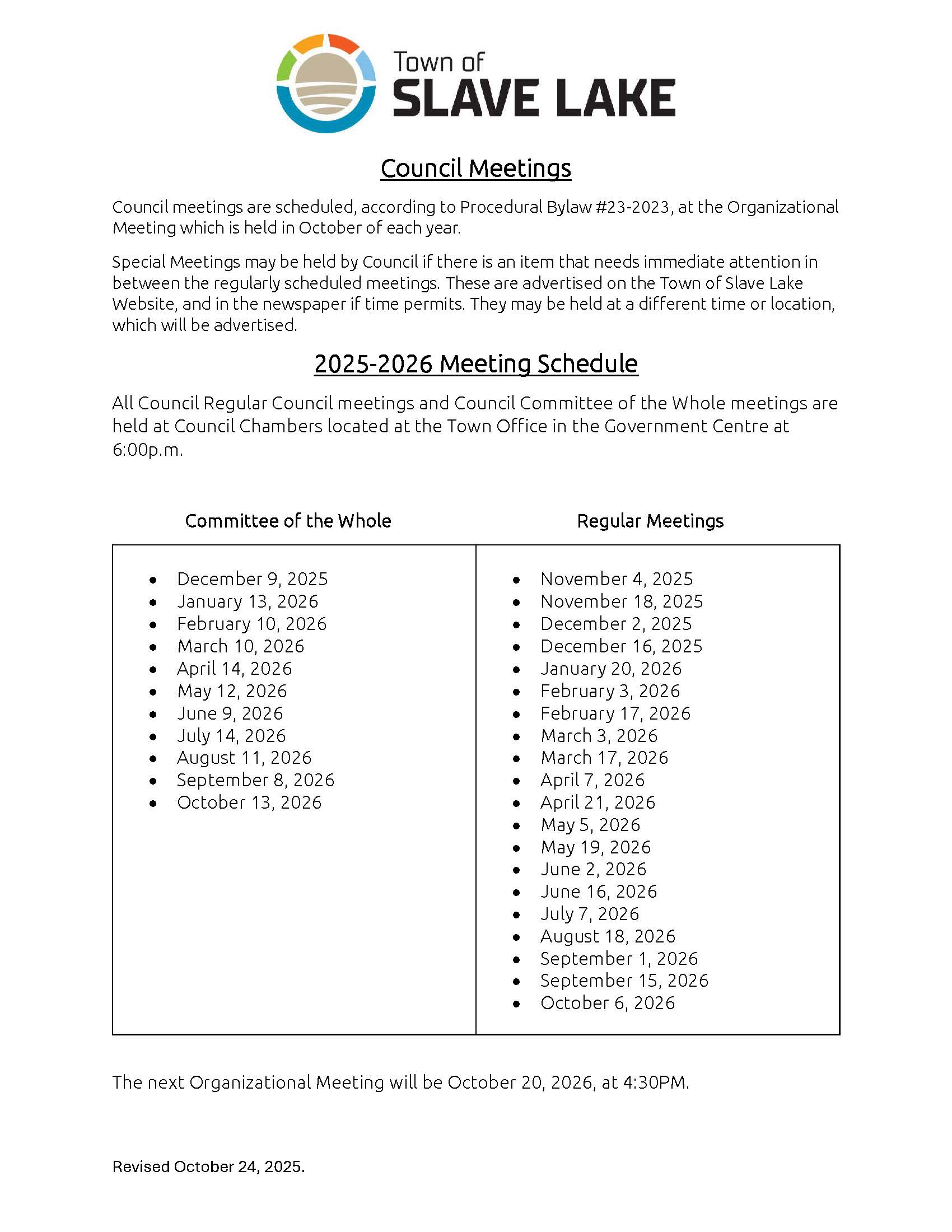 Council Meeting Dates 2025-2026