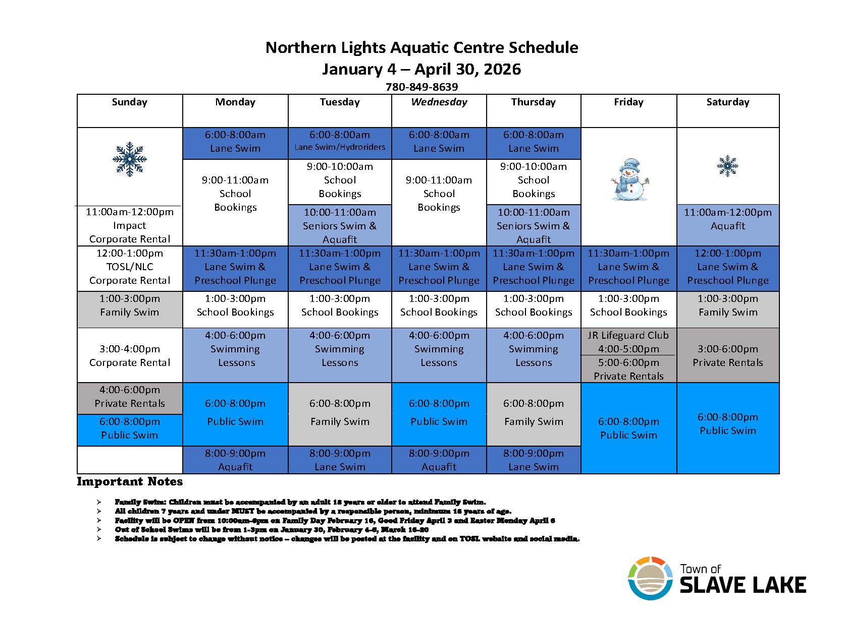 Jan-April 2026 pool schedule public