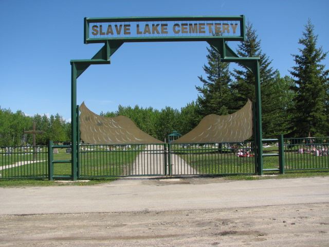The large ornate gates of Slave Lake Cemetery.
